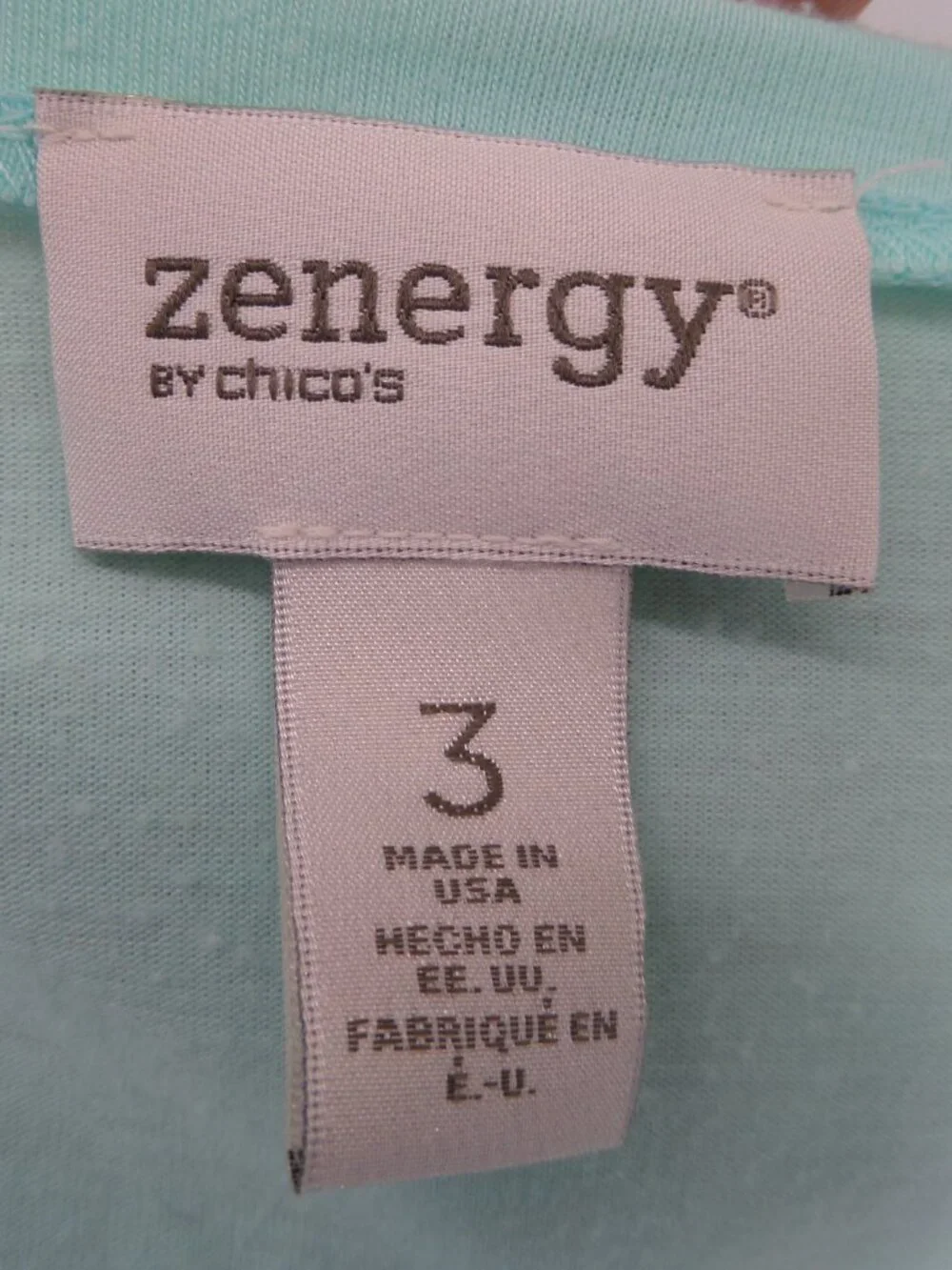Chico's Zenergy Woman's 3/4 Sleeve Aqua n Purple Print Top Size 3 US XL - Picture 7 of 7